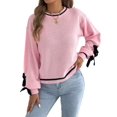 thumbnail image 2 of Women Knit Crew Neck Contrast Lantern Long Sleeve Pullover Sweater with Decorative Cuff Straps Pink S, 2 of 9