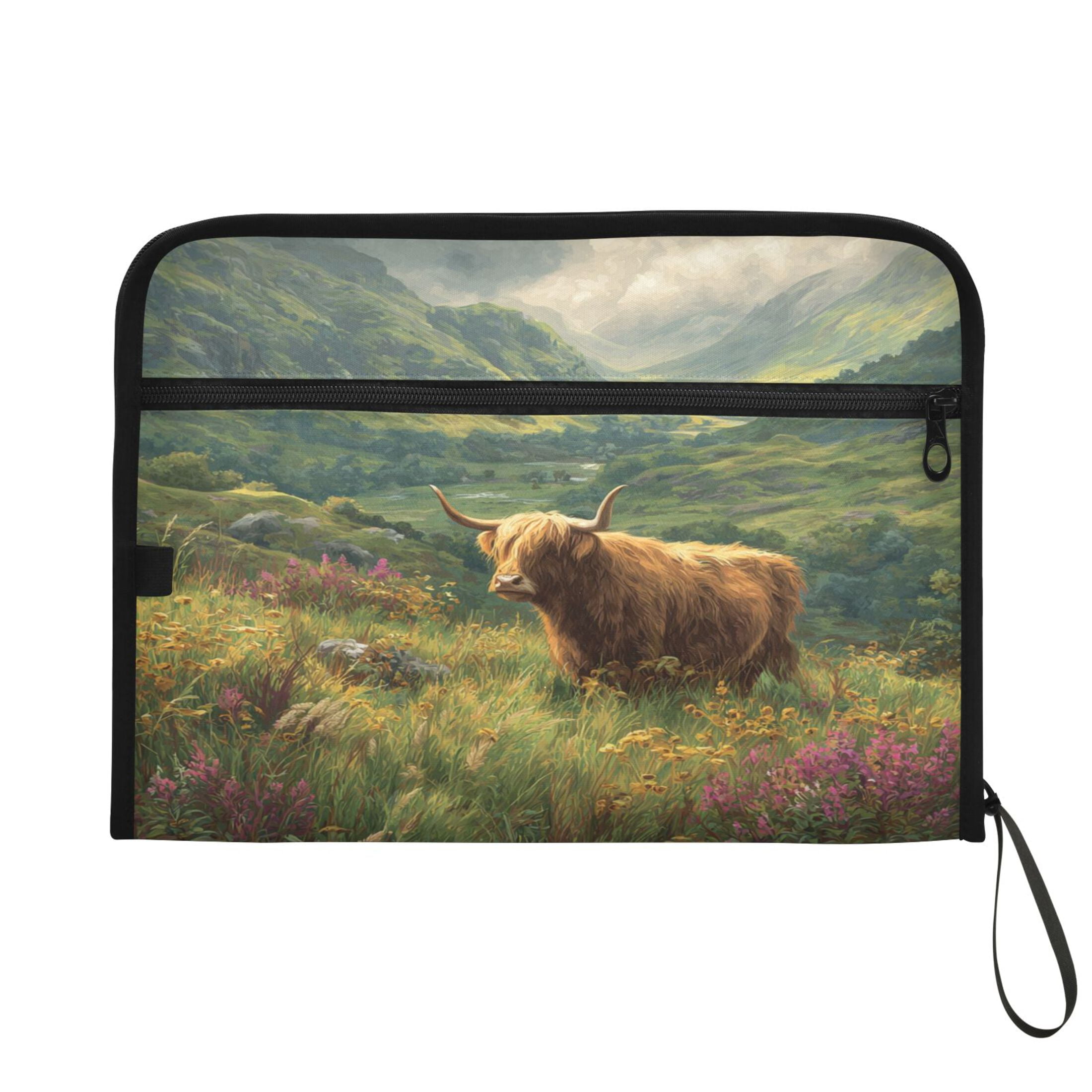 Accordion File Organizer with Zip Closure 13 Pockets Expanding File Folder Letter A4 Paper Document Organizer for Home Office Cow in Green Rolling Hills