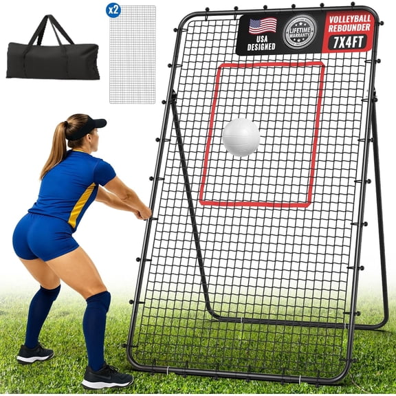 PNKKODW 7x4 FT Volleyball Rebounder Net ,5-Angle Adjustable Bounce Back Net for Baseball Tennis Training w/Travel Bag and 2 NETS