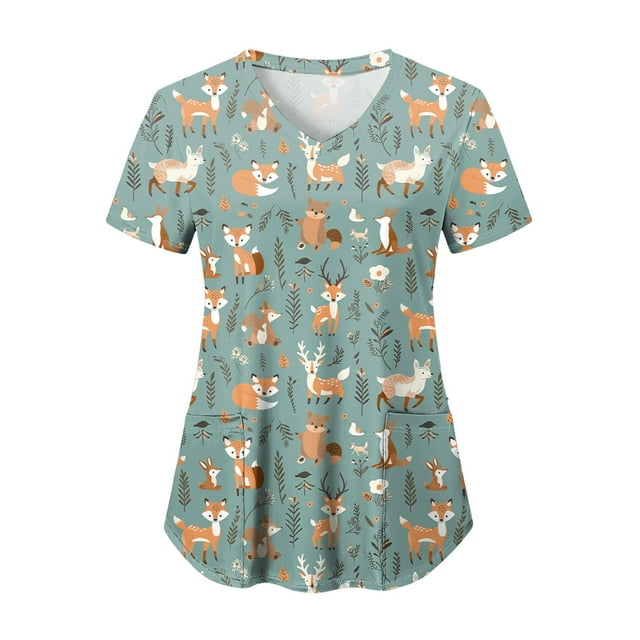 NIEWTR Tuniques d'Uniforme Médical Légères pour Femmes à Encolure Ras du Cou à Petites Fleurs avec Poches (Vert, P)