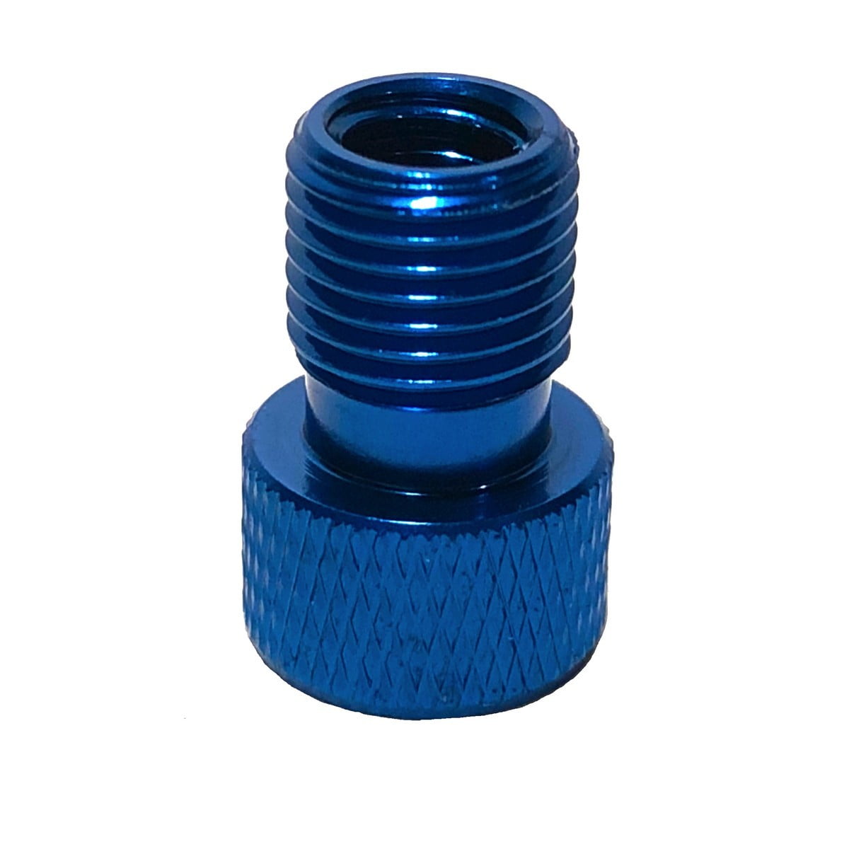 Blue Presta Valve Adapter converts Presta Valves to standard Schrader