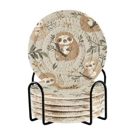 

WOBOGO Cute Sloth Pattern with Boho Elements Coil Coasters Set of 6 Minimalist Cotton Woven 3.94 inch Non-Slip Insulated and Absorbent Home Accessories.