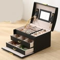 thumbnail image 3 of Gogcaro Jewelry Box Organizer for Women, 3 Layer Large Jewelry Storage Case, Rustic Jewelry Box with Mirror & Ring Tray for Necklace Earring Bracelets Rings, Vintage Style (Black), 3 of 6