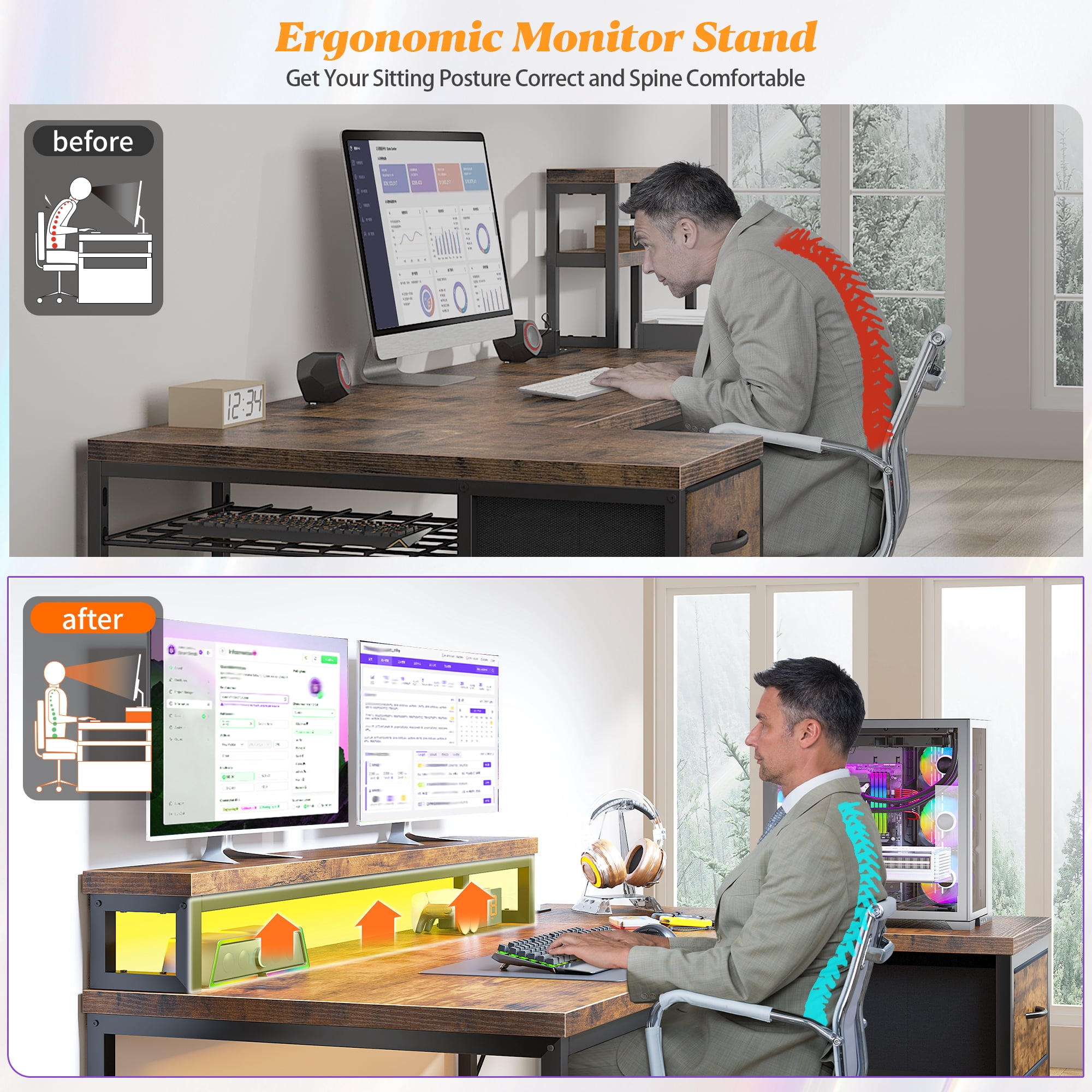 40"L Computer Desk l Shaped Gaming Desk with LED Lights & Power Outlet Desk with Drawers Reversible Corner Desk with Monitor Stand for Gaming Room,Home Office,Bedroom,Rustic Brown