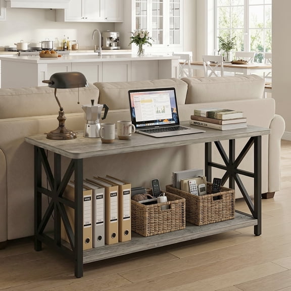 Lamerge Coffee Table with Round Corners, 2 Tier Coffee Table with Storage Shelf, Rectangular Center Table for Living Room Modern Style, Marble Tea Table 39.37 × 21.65 Inches, Easy to Assemble, Grey