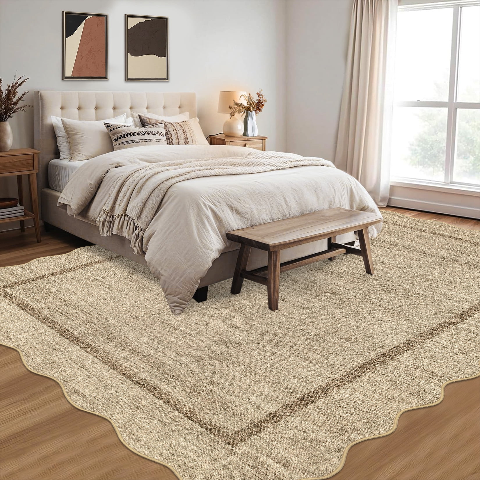 COZONY 5'x7' Washable Scalloped Rug, Non-Slip Low Pile Bedroom Area Rug, Stain-Resistant Geometric Floor Mat for Living Room, Heather