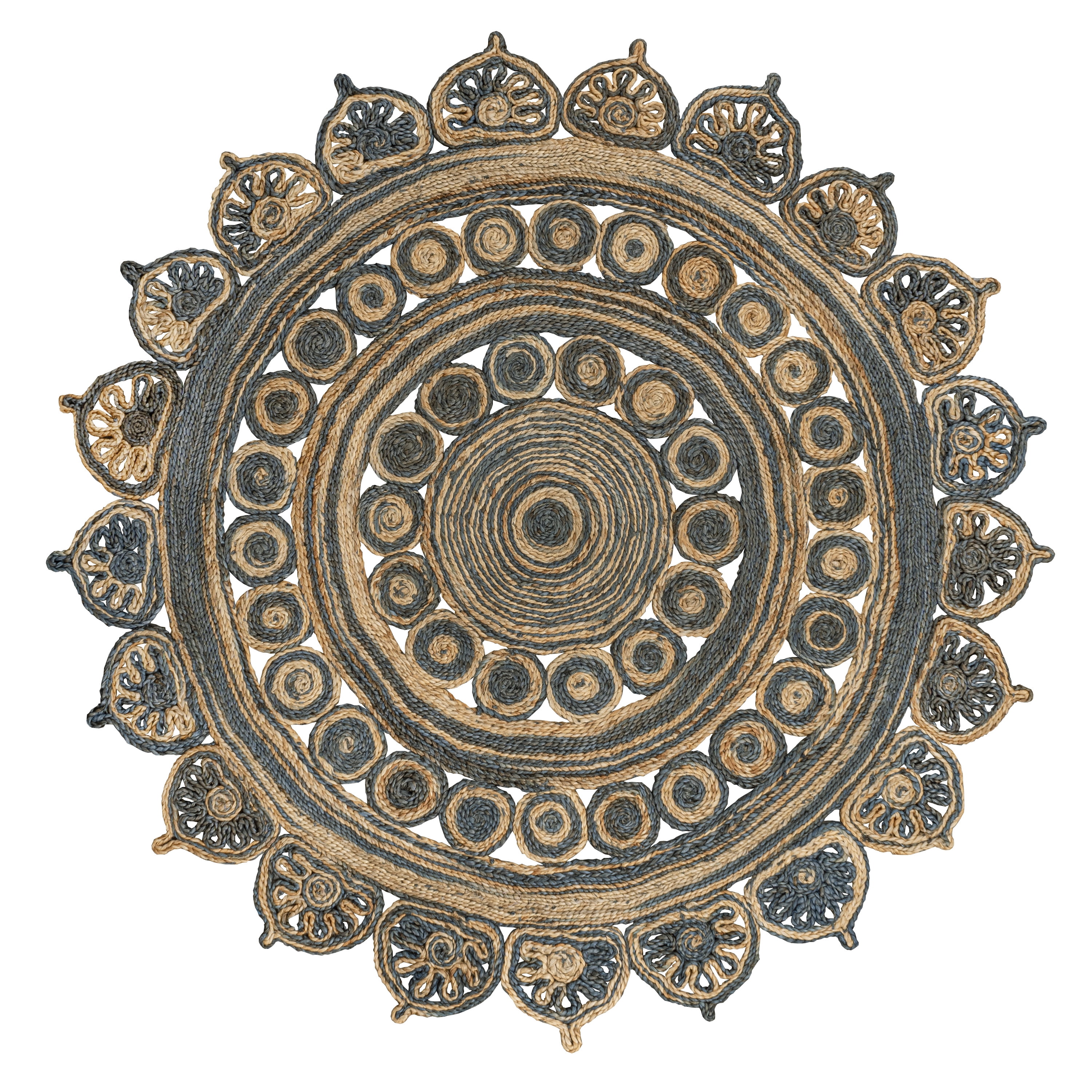 JONATHAN Y ANSA 4' Round Area Rug, Flora Medallion Bohemian Jute - Blue/Natural, RNF118A-4R