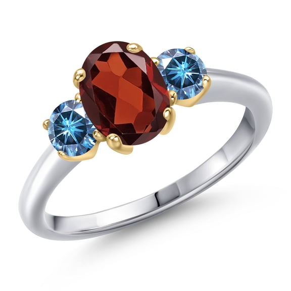 Gem Stone King 10K Two Tone Gold Red Garnet and Persian Blue Moissanite Engagement Ring for Women | 1.96 Cttw | Oval 8X6MM | Gemstone January Birthstone | Size 5