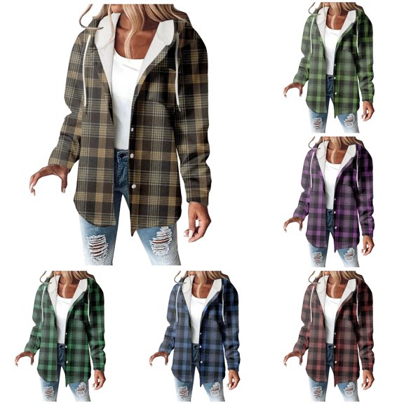 Unir Fleece Lined Plaid Button Up Jacket for Women, Hooded Loose Fit, Everyday Winter Warm Casual Outerwear, 1 Piece, S-3XL, Plus Size Friendly