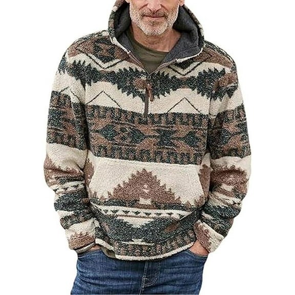 Chouyatou Men's Tribal Aztec Printed 1/4 Zip Fuzzy Sherpa Pullover Sweatshirt Hoodie (X-Small, Brown)