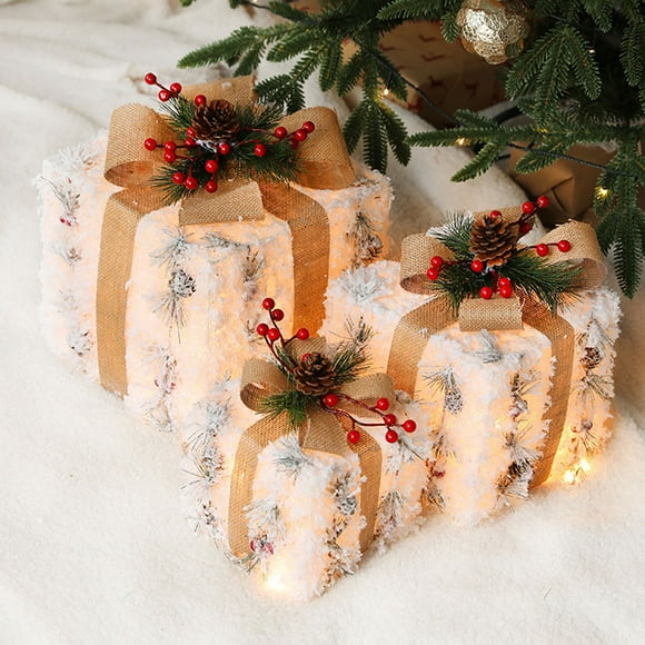 Dmlowu Christmas Decorations Lighted Gift Box - White Christmas Lights Gift Boxes Set of 3, Pre-Lit Gift Boxes with Lids for Presents Holiday Party Christmas Tree Decorations