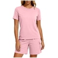 thumbnail image 2 of Women's 2 Piece Home Wear Crew Neck Short Sleeve Tops Elastic Waist Pockets Shorts Summer Comfy Lounge Sets (S, Pink), 2 of 6