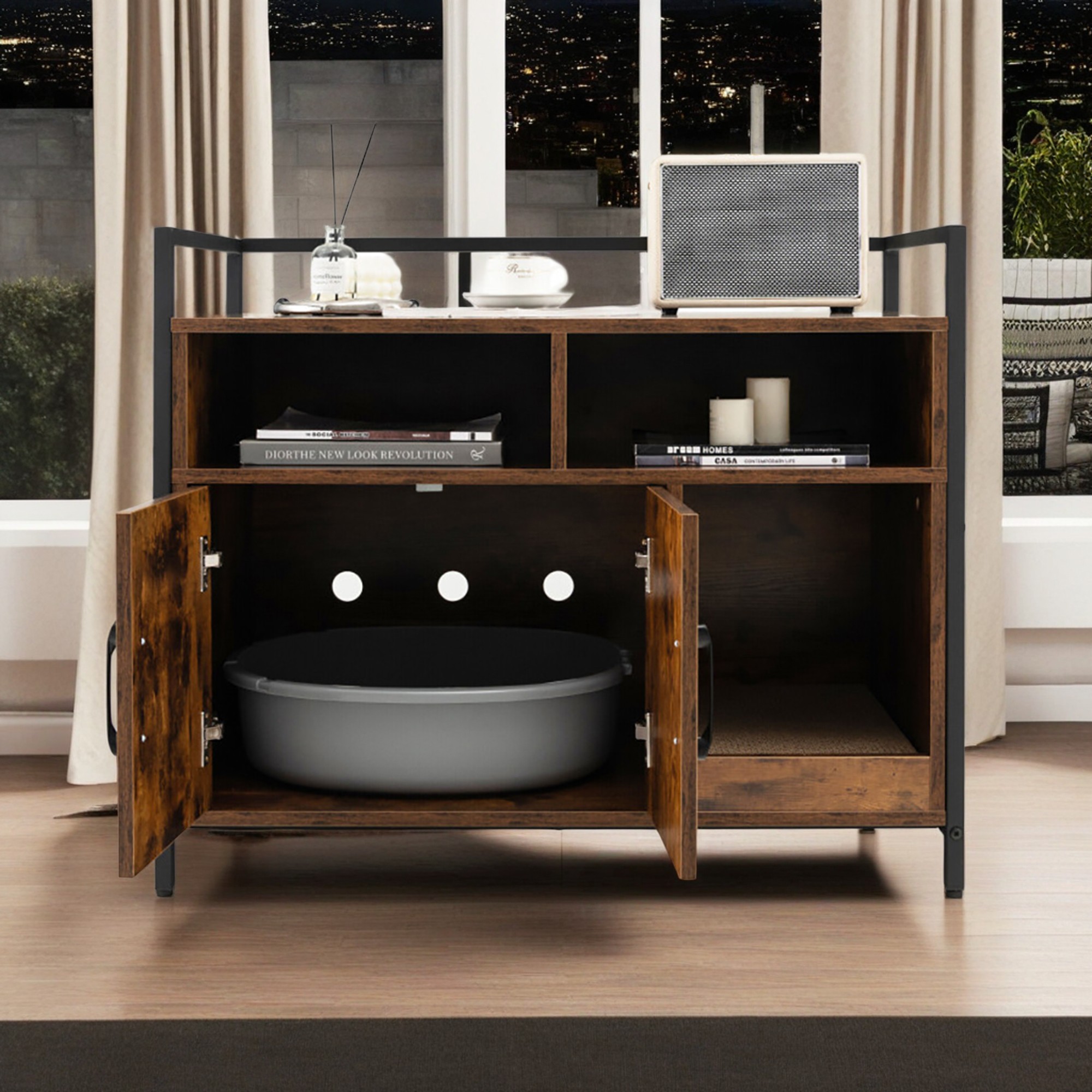 resenkos 35" Hidden Cat Litter Box Enclosure Furniture, Cat Washroom with Cat Scratcher, 2-Door Cat House, Metal Frame, Wooden Litter Box Furniture, Brown