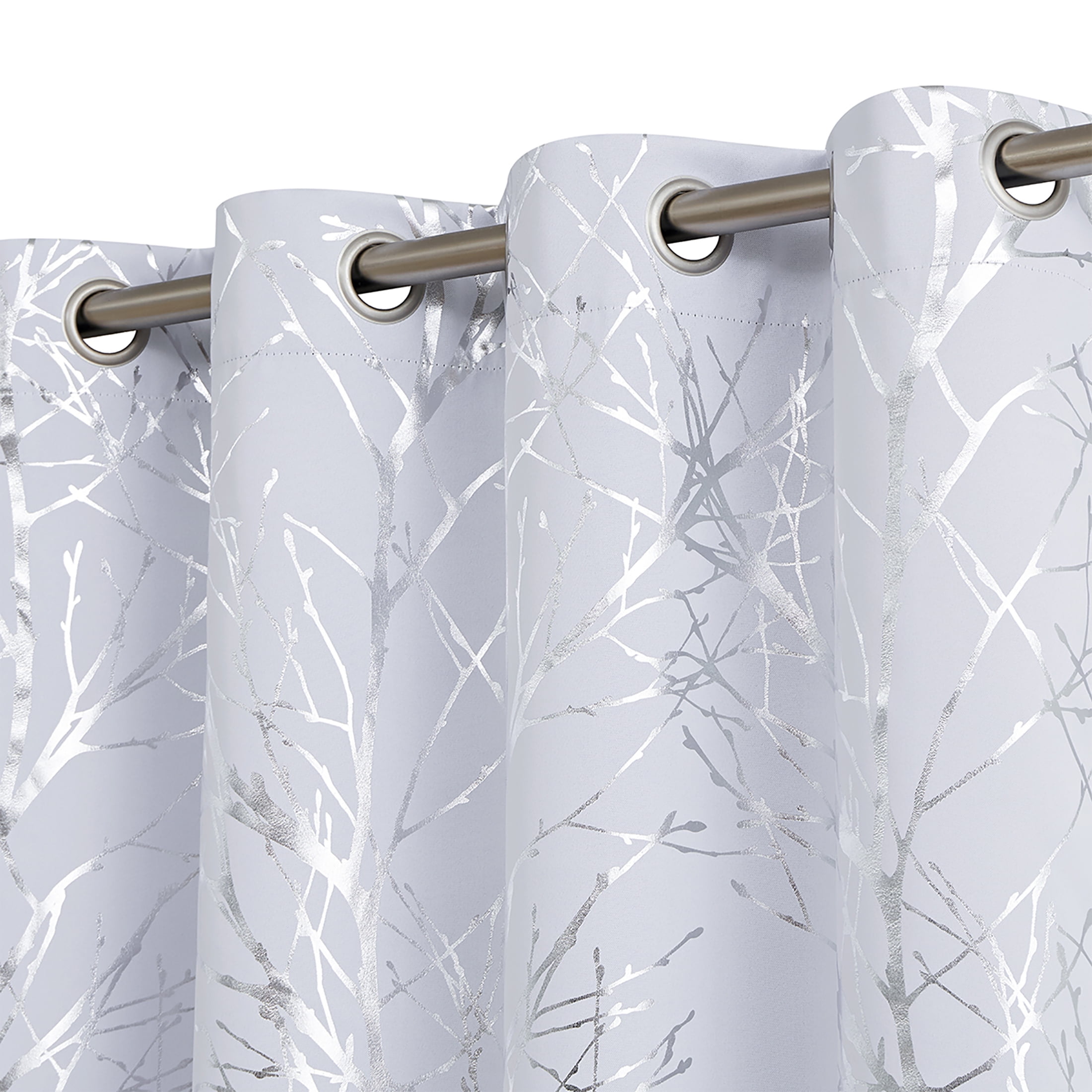 Decoultimatex Silver White Tree Branch Metallic Blackout Window Curtain Panel Light Blocking Noise Reduction Drapes, Grommet Top, 50"x 96"x 2