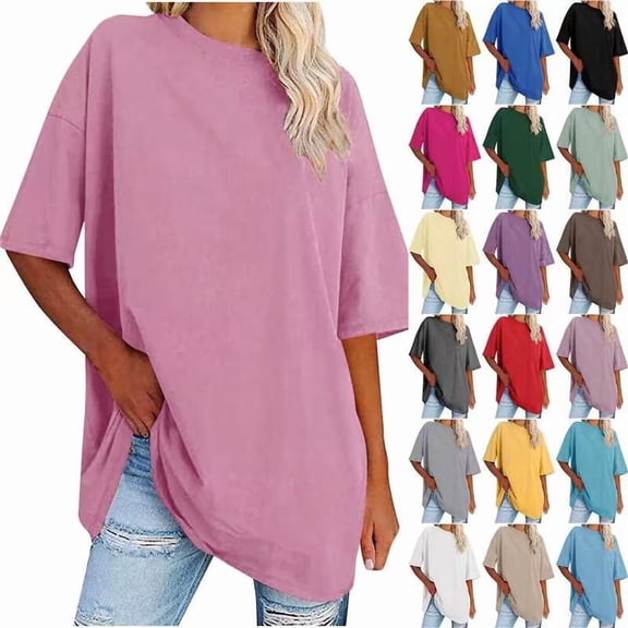 Horkkom Short Sleeve Shirts for Women Solid Color Crew Neck Oversized Tshirts Summer Casual Loose T Shirts L