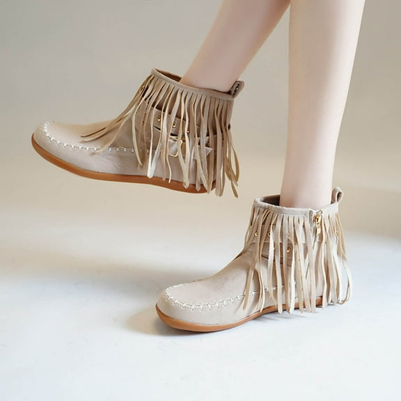 Women's Casual Winter Ankle Boots with Fringe Tassels, Round Toe, Side Zipper, Comfortable Flat Shoes for Outdoor & Indoor Wear Beige