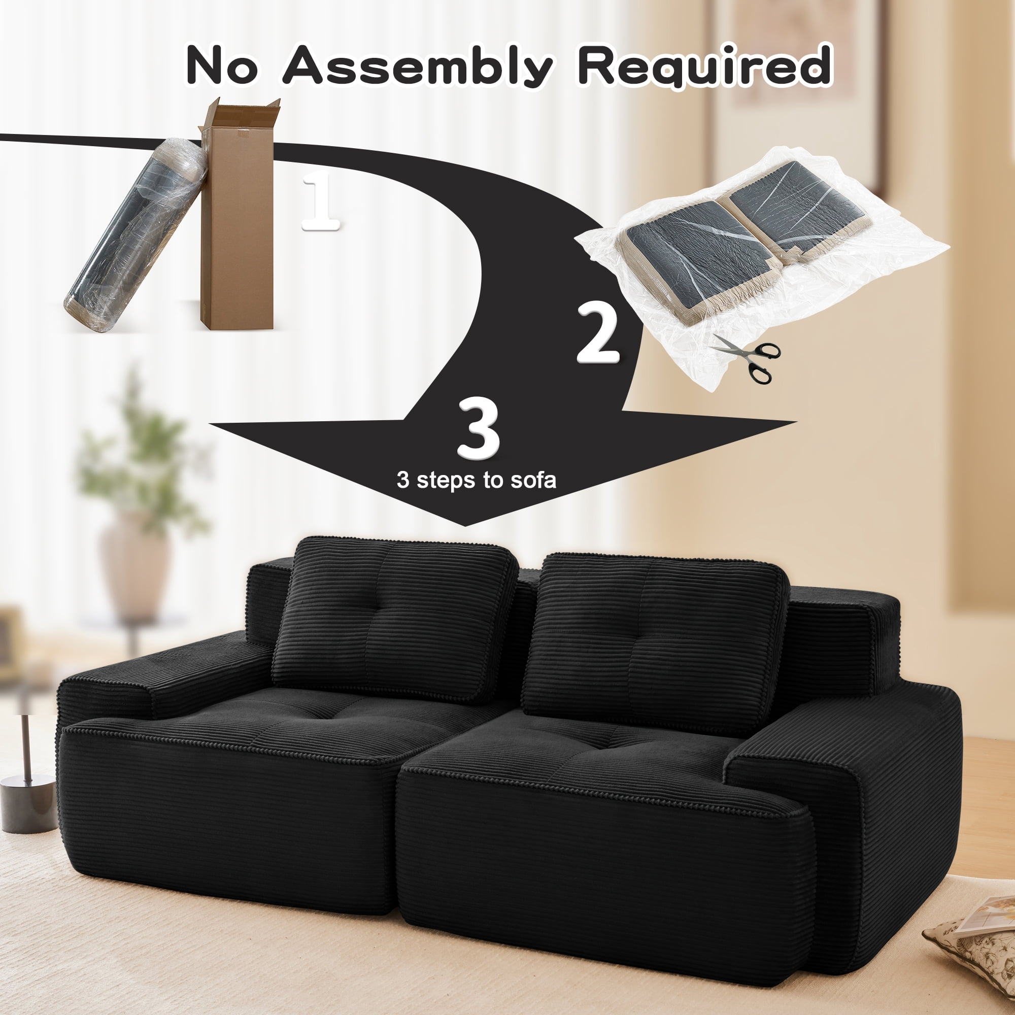82 Inch Black Corduroy L-Shaped Sectional, Modular 2-Seater with Deep Seat, Pearl Piping and Buckle Connection, No Assembly Required