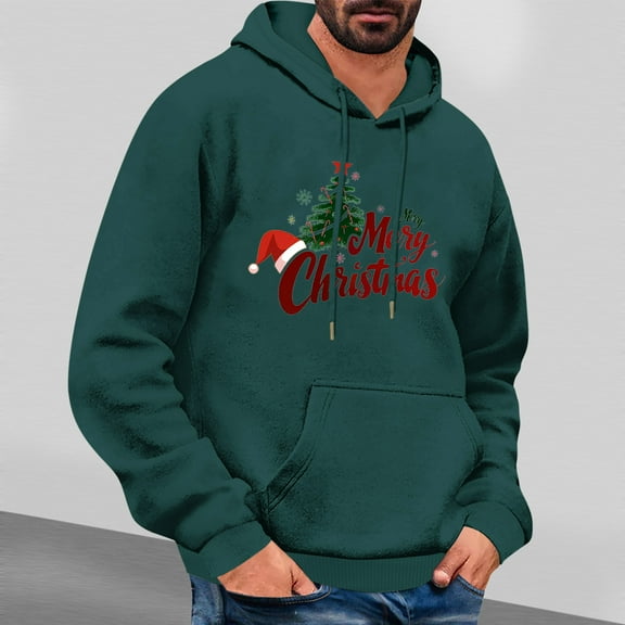 Jjayotai Merry Christmas Hoodie for Men, Funny Cute Xmas Tree Print Sweatshirts, Long Sleeve Xmas Hooded Sweatshirt Pullover Tops Army Green XXL