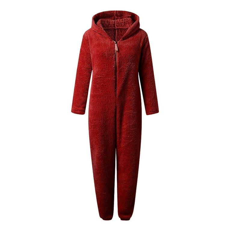 AherBiu Pajamas Jumpsuits for Women Plus Size Fleece Fluffy Sleepwear 1/2  Zip up Hooded Long Sleeve Plush Rompers 