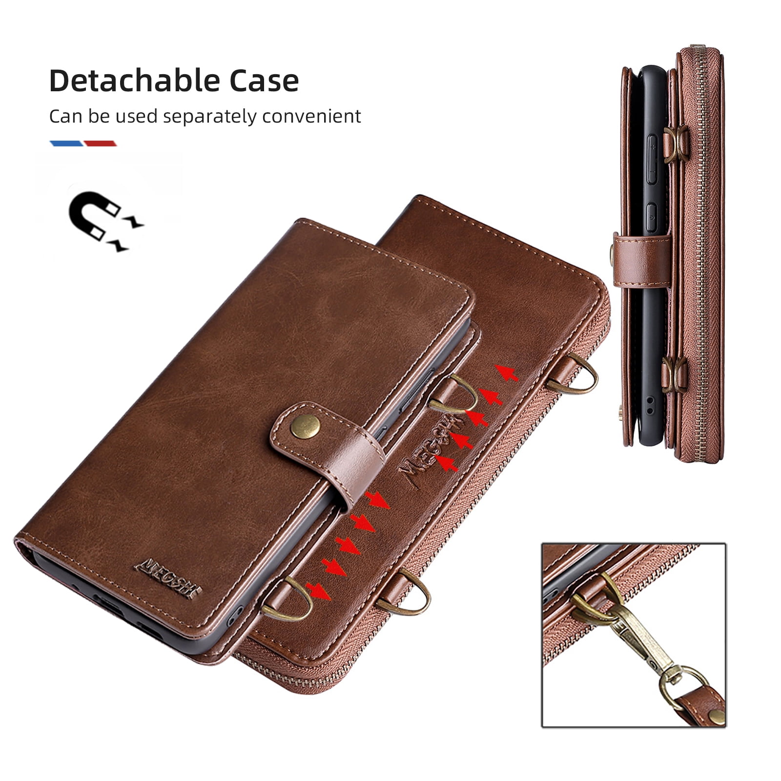 Galaxy S22 Wallet Case Premium Leather Flip Zipper Detachable Magnet Wallet Stand Card Holder Case with Crossbody Lanyard Strap Zipper Pocket Cover for Samsung Galaxy S22 6.1 inch 2022,Brown