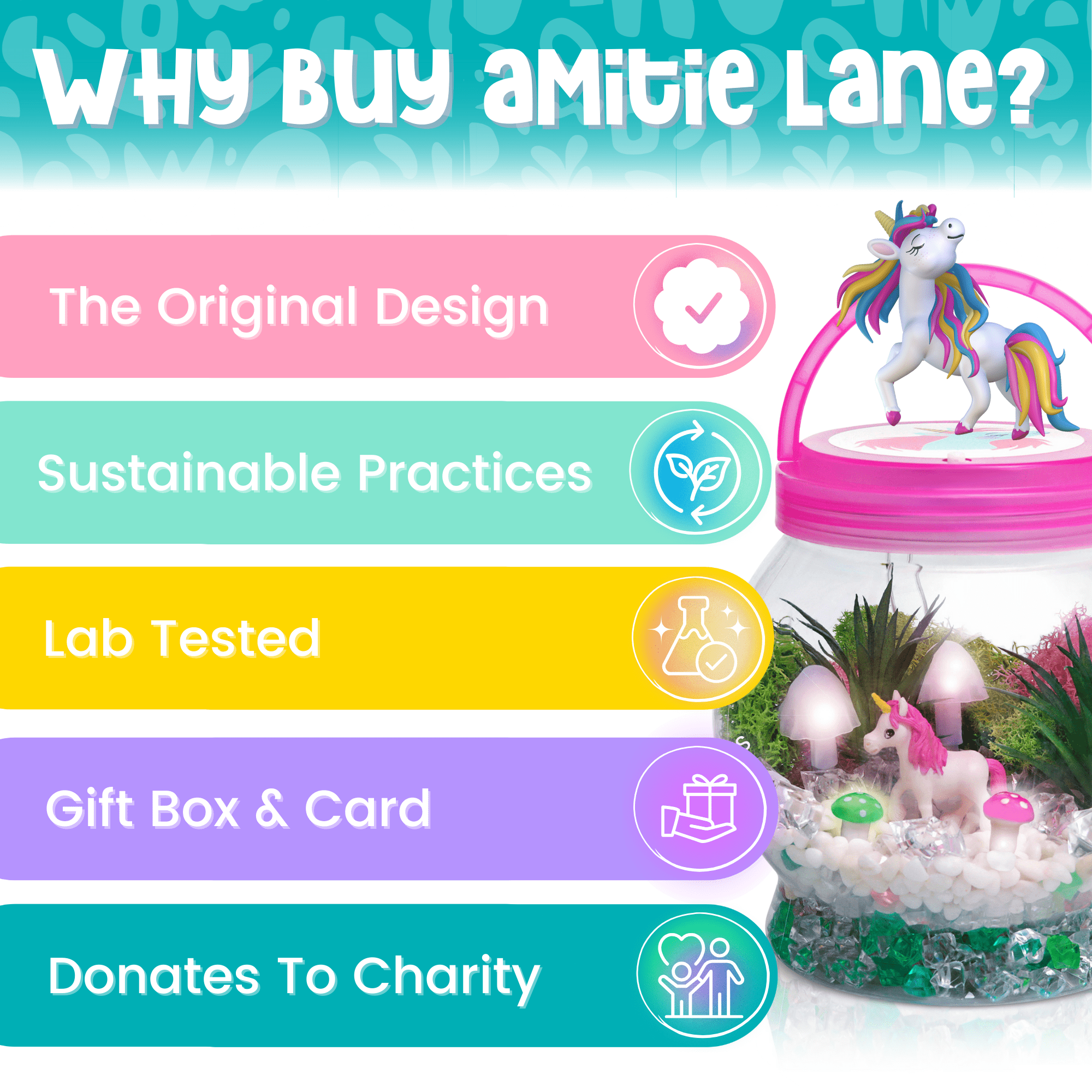 Amitie Lane DIY Itsy Unicorn Terrarium, LED Mushroom Lights, Arts & Craft, Girls Ages 6+