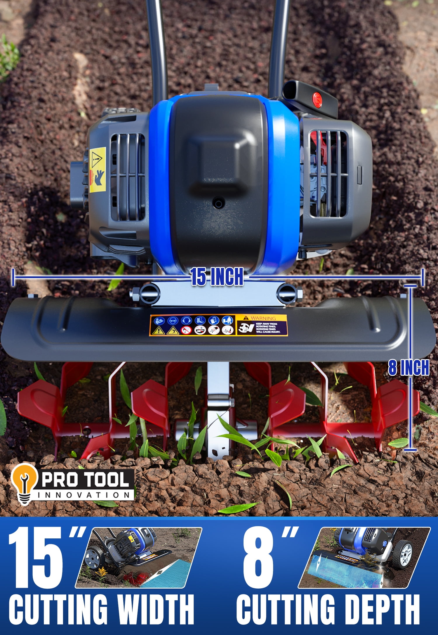 WILD BADGER POWER Garden Tiller 53cc Mini Cultivator 15-inch.