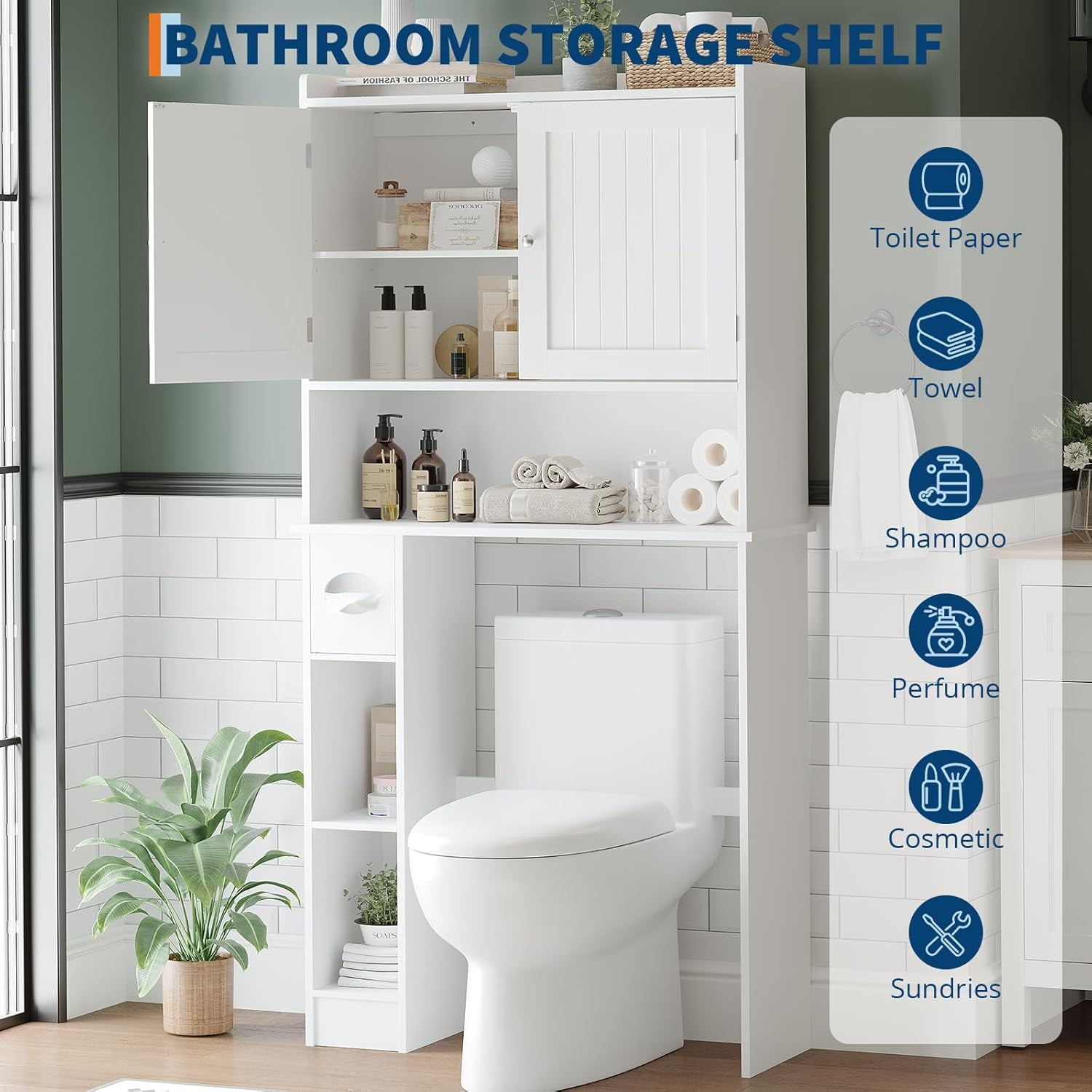Twister.CK Over The Toilet Storage Cabinet with Toilet Paper Holder Double Door Bathroom Organizer Shelf with Adjustable Shelves, White