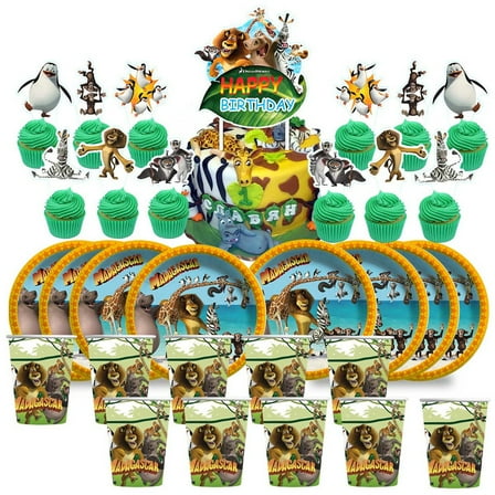 Madagascar Birthday Cups Party Supplies Plates Fans Decorations Cake Topper Decor