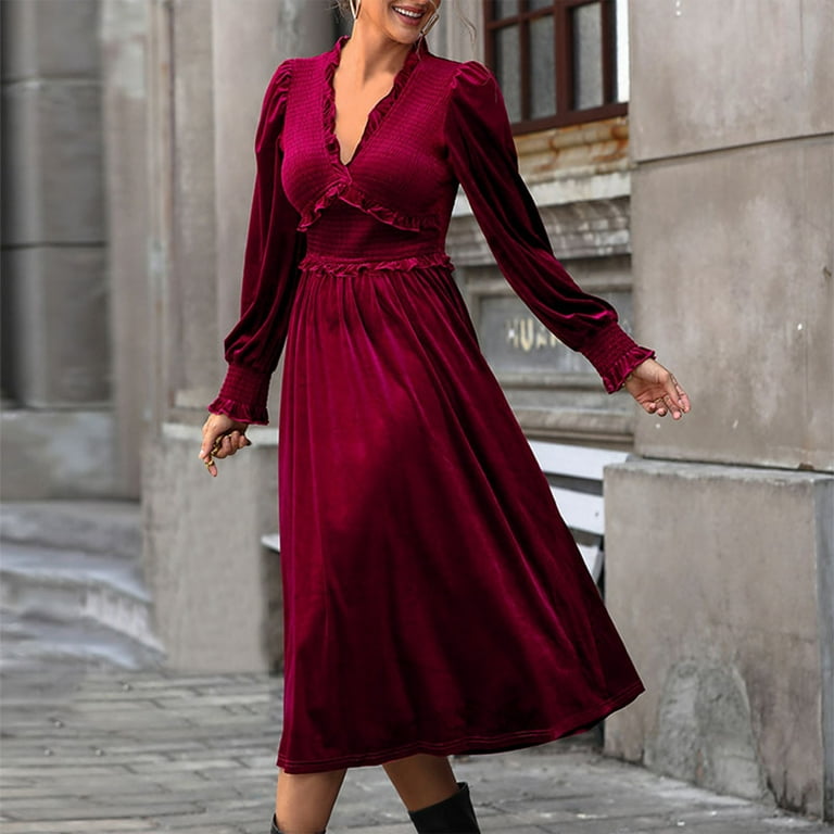 wloxng Womens Dresses Casual V Neck Long Sleeve Solid Color Slim Fleece Dress Wine S