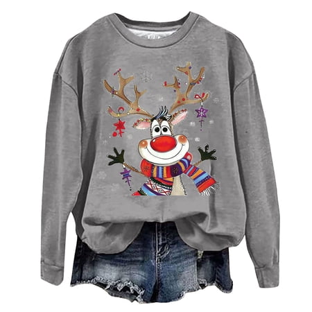 Sgkm Womens Christmas Sweatshirt Reindeer Pattern Pullover Print Long Sleeve Comfortable Womens Tops Cold Weather M Grey