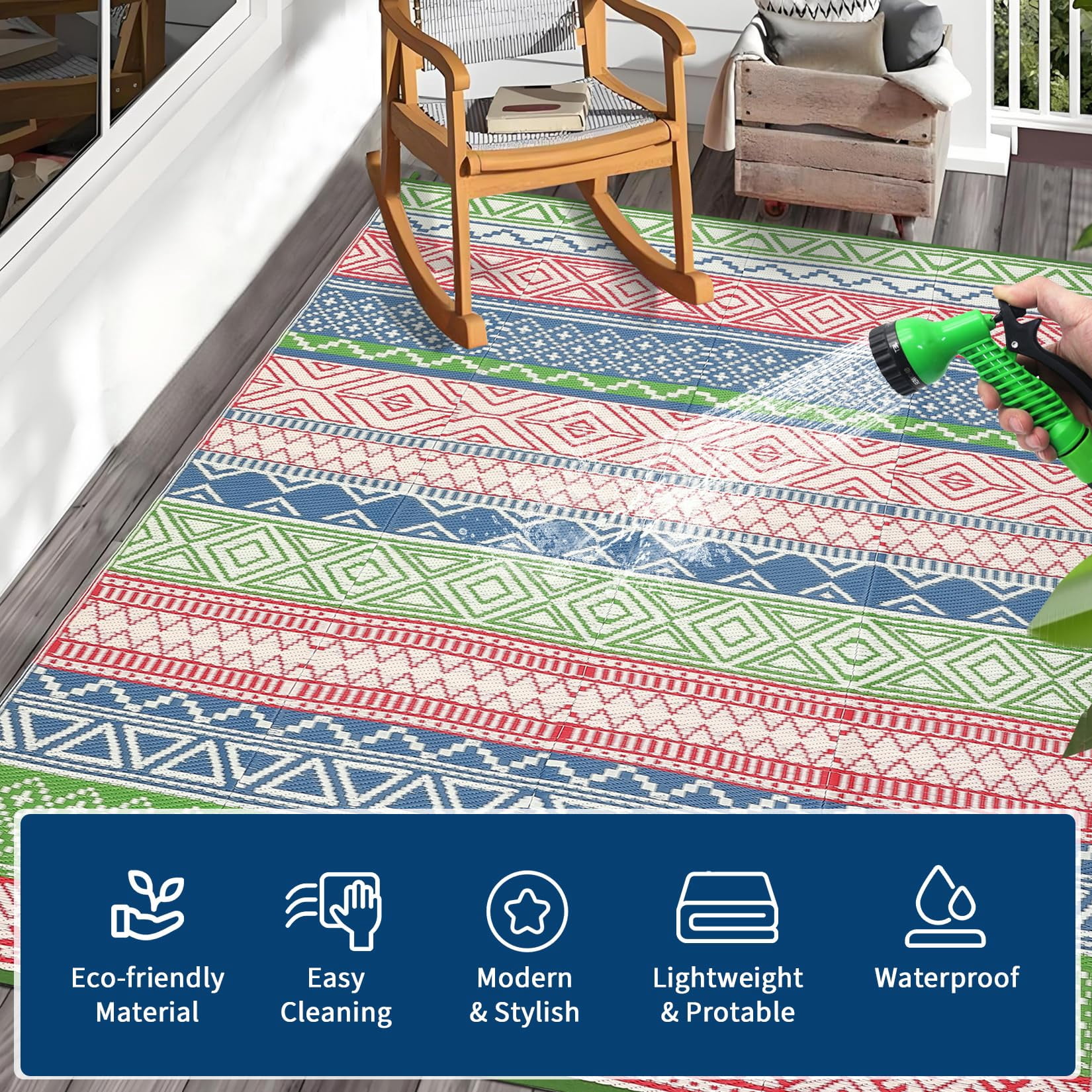 Reversible Outdoor Rugs 5x8 for Patios Clearance, Waterproof Mats for Porch, Deck, Plastic Straw Area Rugs for Backyard, Balcony,Red/Green/Blue