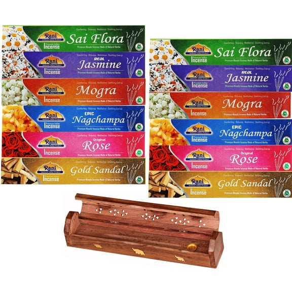 Rani Multi Pack Incense (Masala Incense Made of Natural Herbs) 2 of Each Scents (Total of 12 Packets) with Incense Burner ~ Total of 120 Incense sticks | Indian Origin