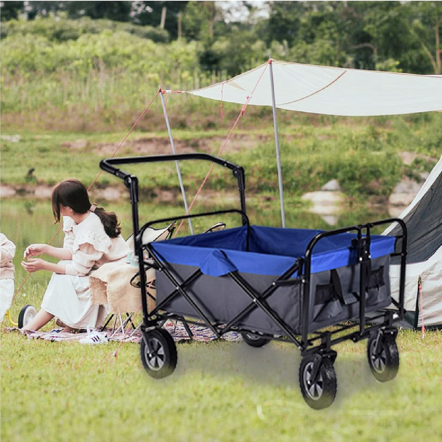 Universal Folding Wagon Push Handle Attachment (20 7/8 Inch/53 cm Outer Width and 19 5/8 Inch/50 cm Inside Width)-Adjustable Push/Pull Bar for Garden Carts,Can be Fixed on 0.6in/1.5cm Square Tube