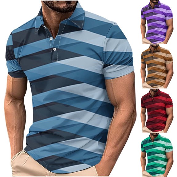 Agkizg Short Sleeve Button Down Shirt Striped Print Casual Top (Men's or Men's Big & Tall)