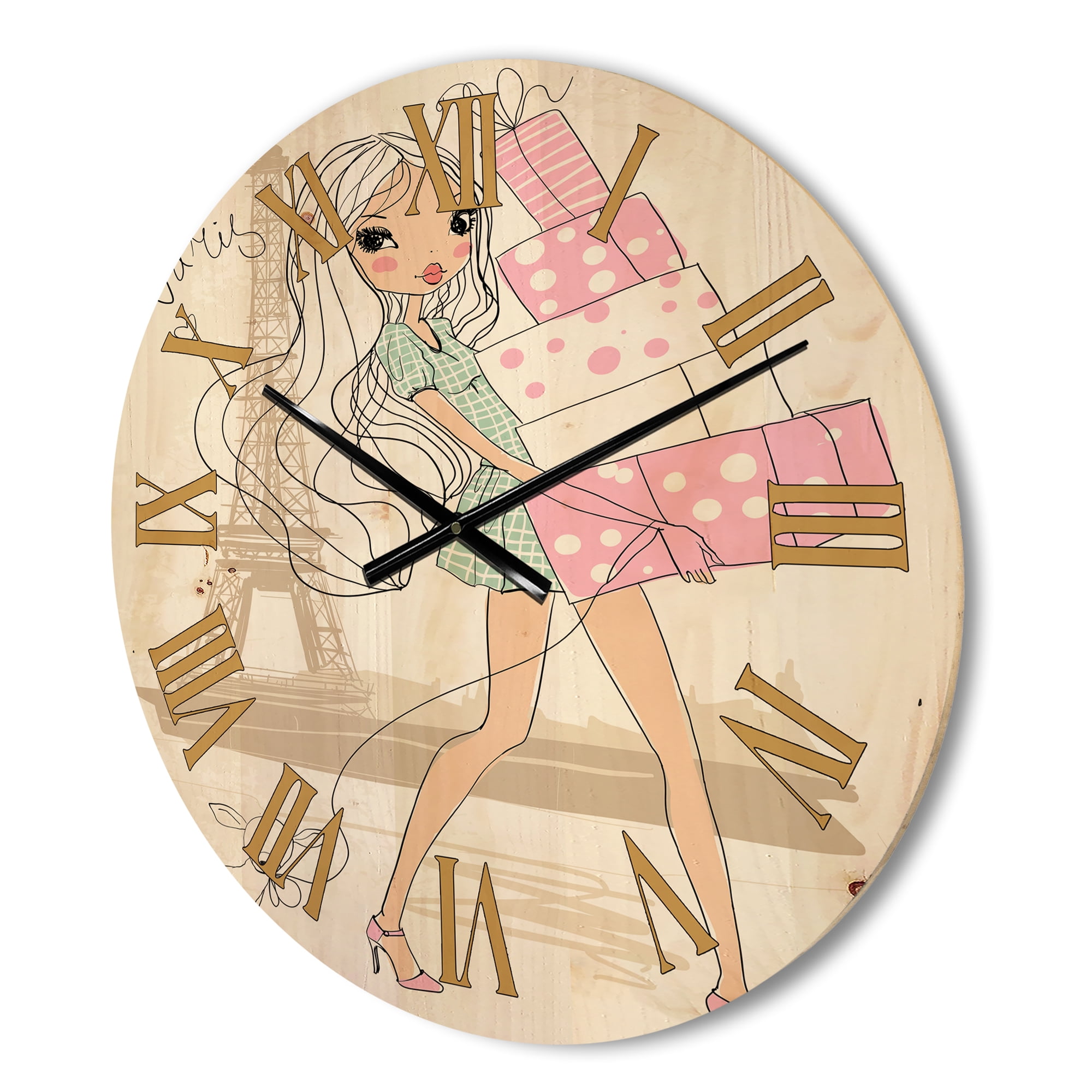 Designart 'Young Woman With Shopping Boxes In Paris' Shabby Chic Wood Wall Clock