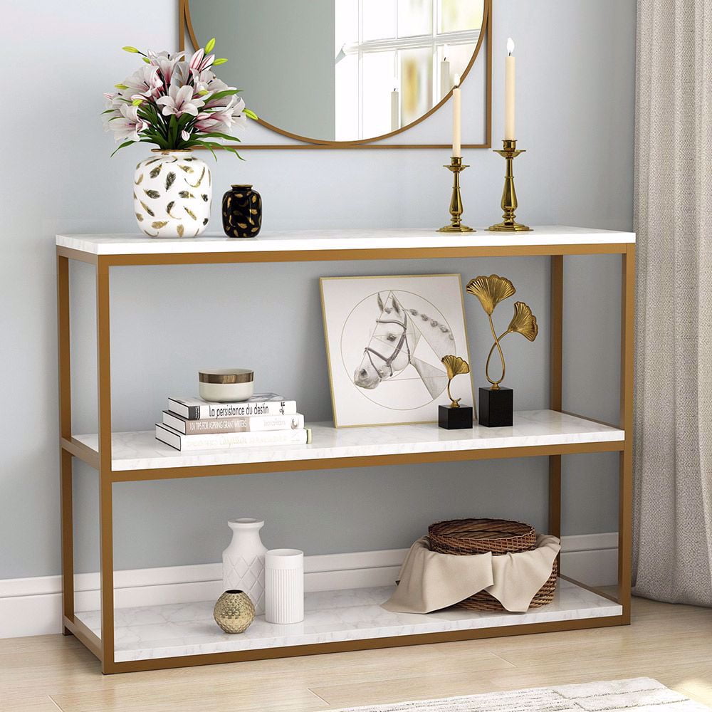 Sofa Entry Table with Gold Metal Frame for Home Creamy White 3Tier Console Table 