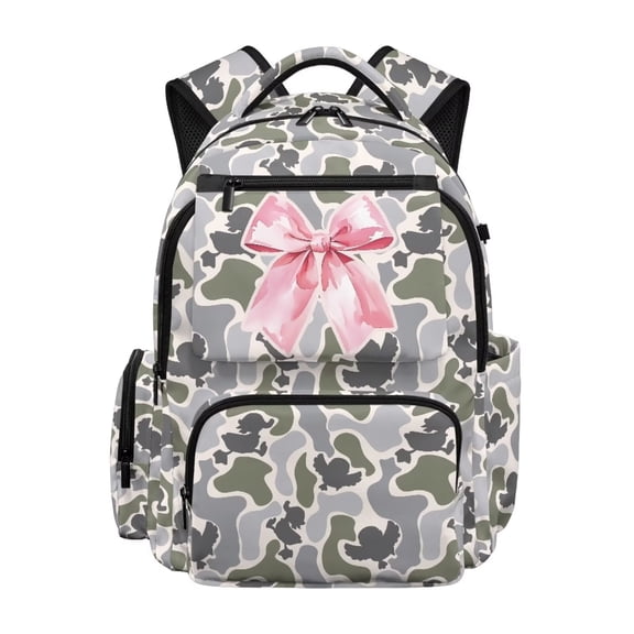 Yuyamidu Kids School Backpack for Girls 17 Inch Large Capacity Duck Camo Bow Bookbag for Elementary School Casual Daypack for Travel & Back to School Supplies