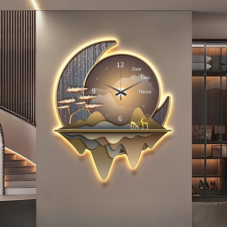 3D LED Wall Clock for Living Room,Large Gold Decorative Wall Clock with Light,Creative Silent Clock Battery Operated for Kitchen/Entryway/Bedroom