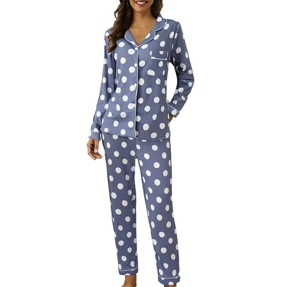ZJXFGS 2 Piece Fall Button Down Lounge Set Women Women'S Sleepwear Womens Pajamas Sets Women'S Pajama Sets Pajama Set 2 Piece Set Pajamas for Women Set Cotton Dark Blue L