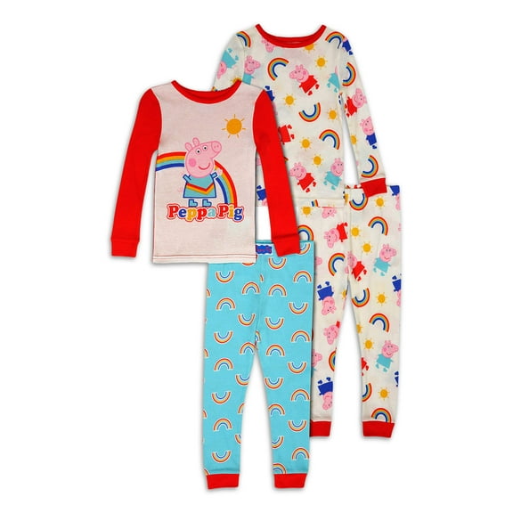 Peppa Pig Toddler Girls Long Sleeve Snug Fit Cotton Pajamas, 4pc Set