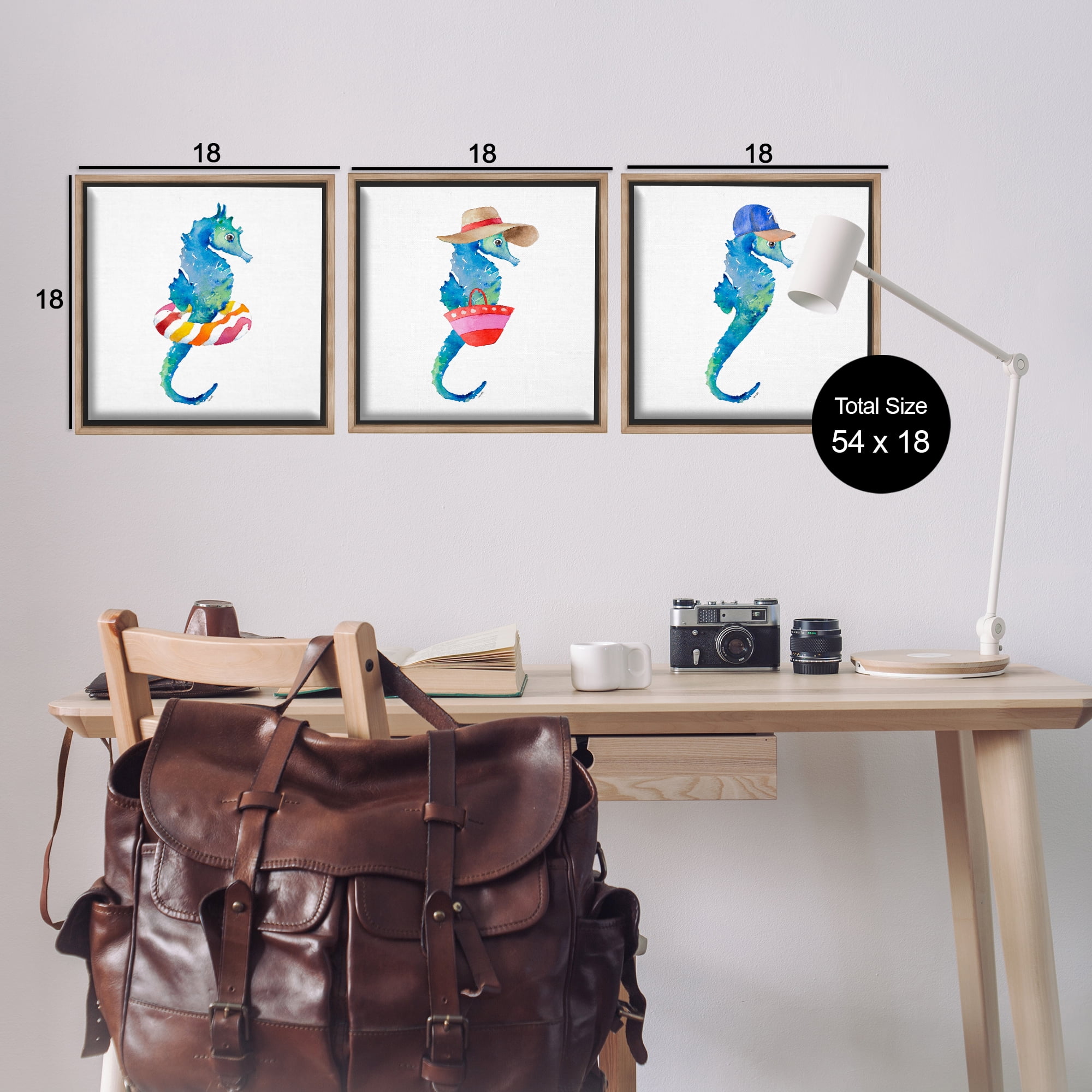 Stupell Industries Fun Beach Ready Seahorses Nautical & Beach Painting Brown Floater Framed Canvas Art Print Wall Art, 18 x 18, Set of 3