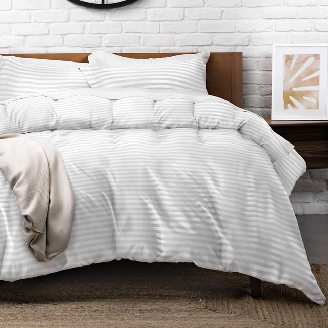 Juego de Funda para Edredón Dreamlab Tela Ultra Suave Premier 1800 Doble Cepillado Cubierta de Duvet Y 2 Fundas para Almohada King Size 264cm x 228cm Rayas Satinadas Blanco