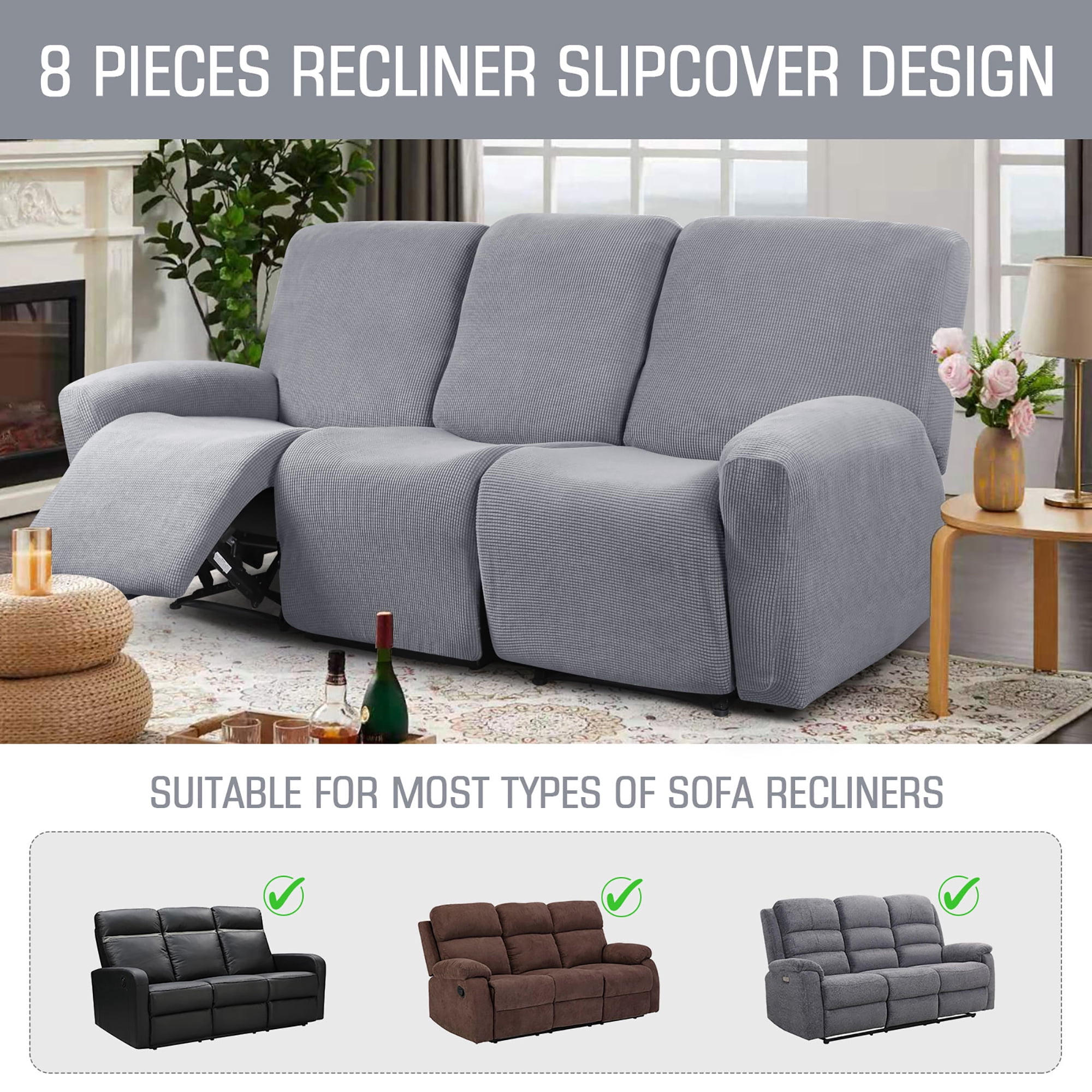 TAOCOCO 3-Seaters Stretch Recliner Sofa Slipcover Solid Couch Covers Furniture Chair Protector Dusty Gray