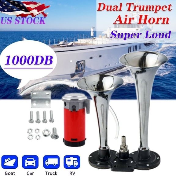 12V Dual Chrome Trumpet Air Horn Compressor Kit Car Train Truck Boat Motorcycle