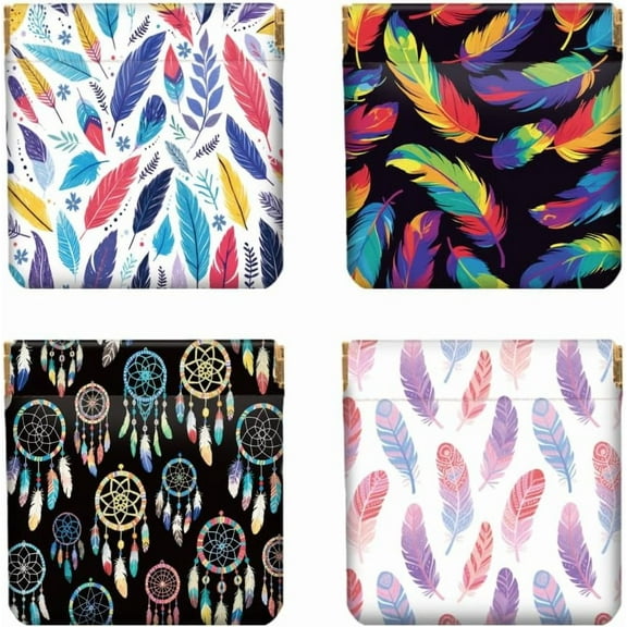 4Pcs Small Leather Squeeze Coin Purse for Women-Bohemia Feathers Pattern Waterproof Durable Change Pouch Mini Money Wallet Best Gift for Adult Girls diy