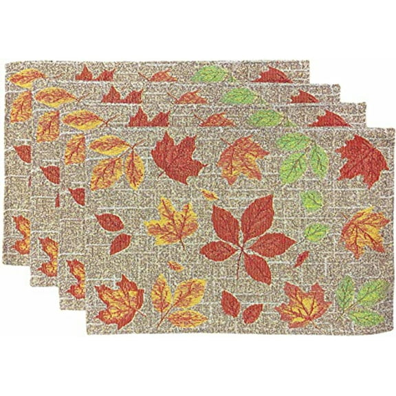 Set of 4, All Over Fall Leaf, Autumn, Fall, Thanksgiving Tapestry Placemats. Dining Table, Table mat for Dining Room Easy to Clean, Machine Washable Size: 13” x 19”.