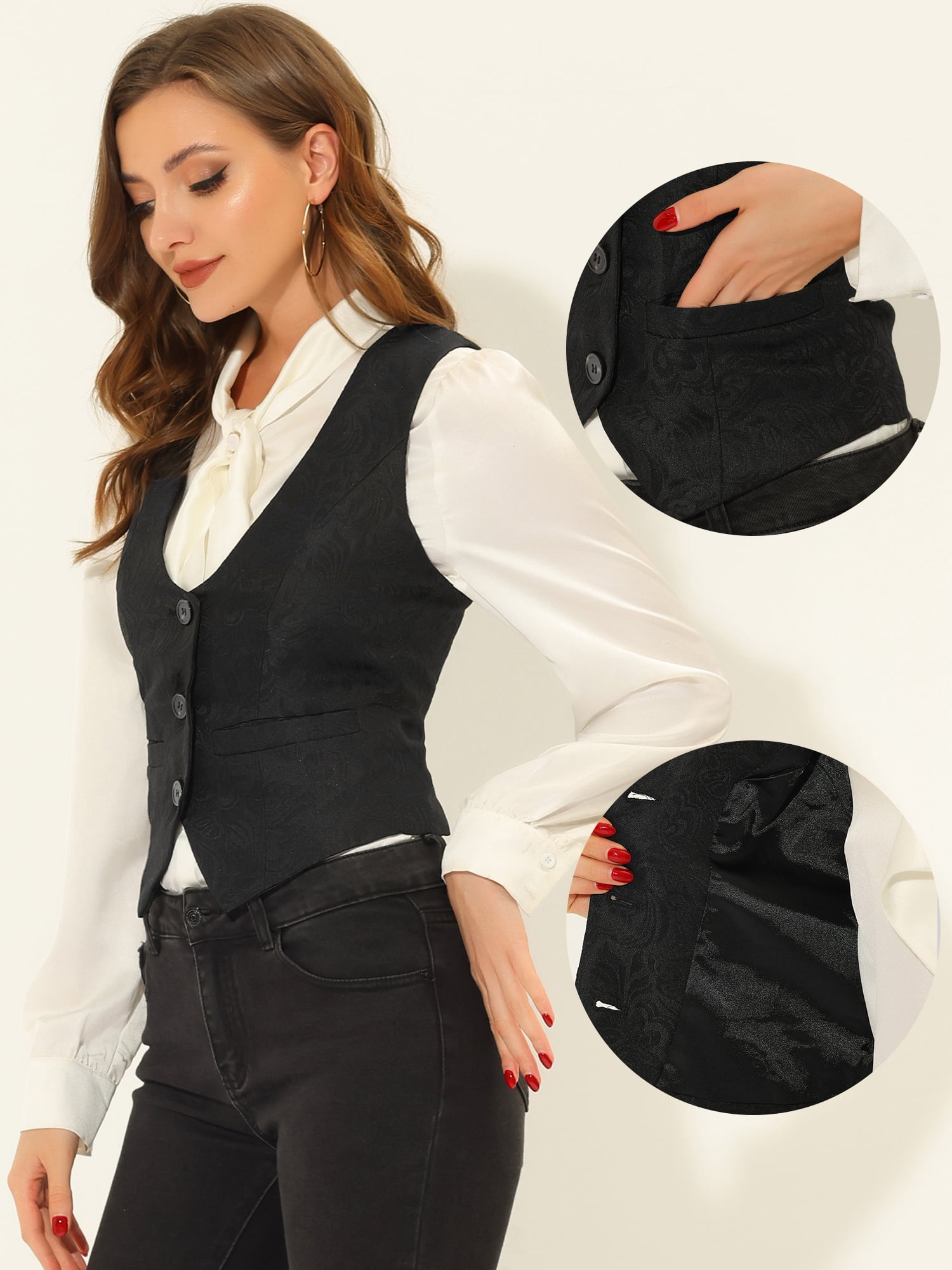 DARING DIVA Women's Button Up Steampunk Jacquard Sleeveless Suit Vest 2XL Black