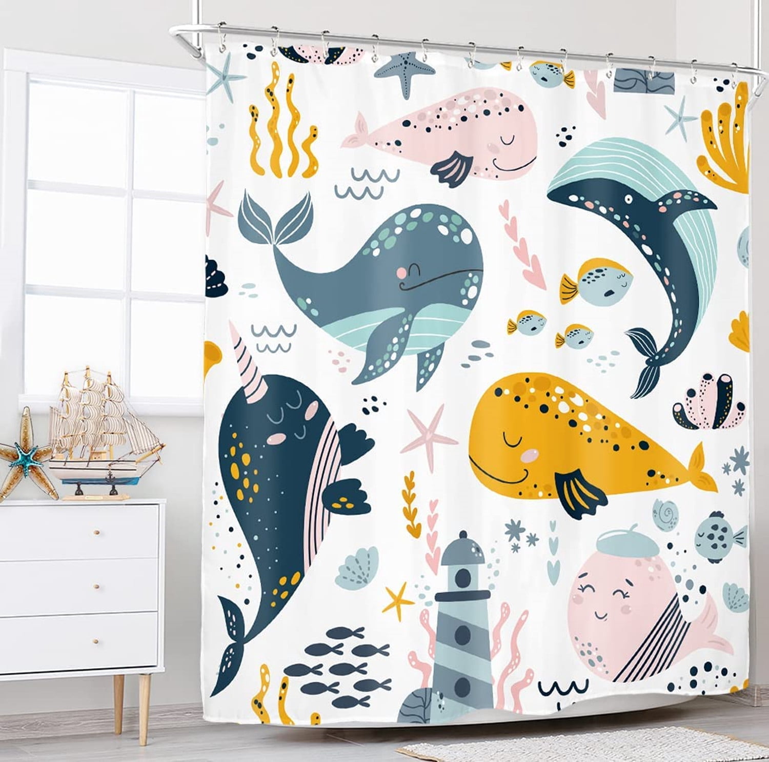 Cartoon Whale Kids Shower Curtain and Bath Rug Set 4 Pcs Fabric Cute Bathroom Curtain Set Decor 72x72 inches