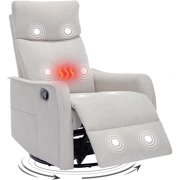 Manual Recliner Chair, 360° Swivel Rocker Recliner with Heat and Massage for Small Space, Upholstered Fabric Glider Rocking Chair Nursery Chair with Side Pockets for Living Room, Beige