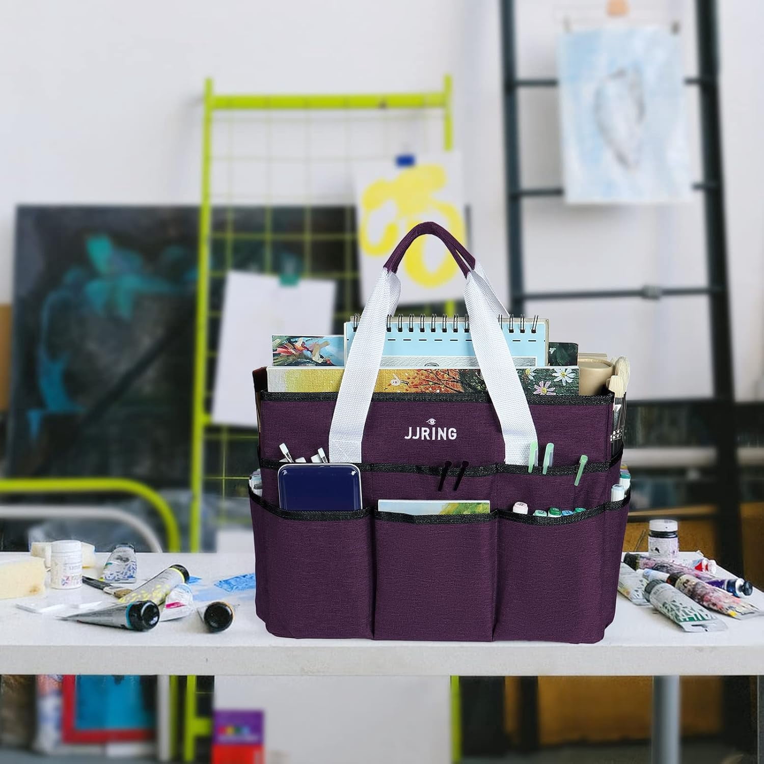 Craft Organizer Tote Bag, Large Deep Purple Multi-Pocket Art and Sewing Storage Caddy for Scrapbooking, Office, and Medical Supplies
